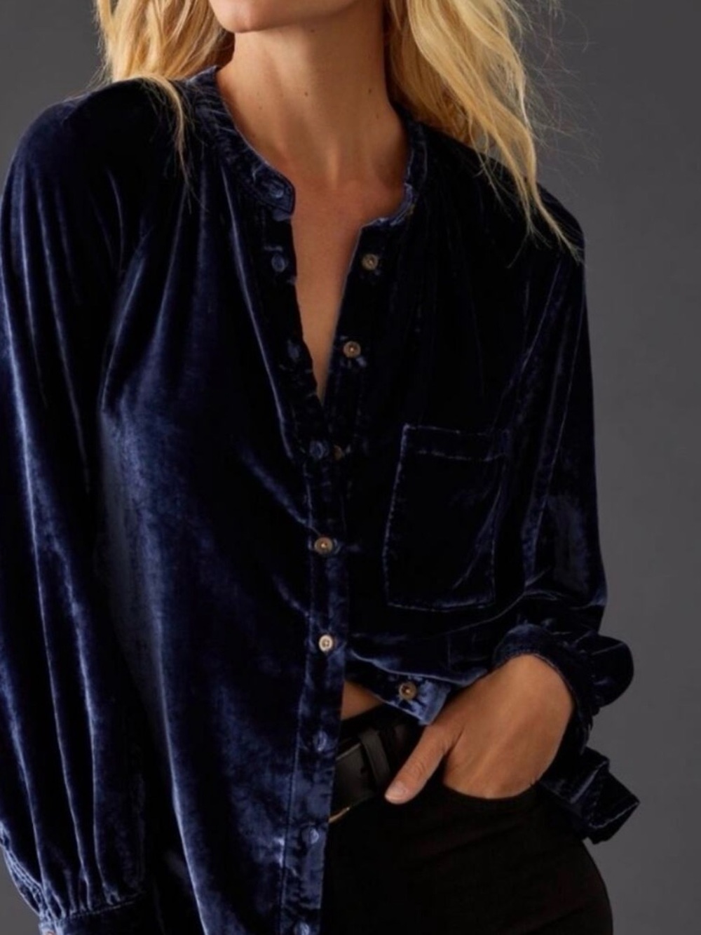 Anthropologie Pilcro Velvet Femme Button Down Top Navy Blue size Small